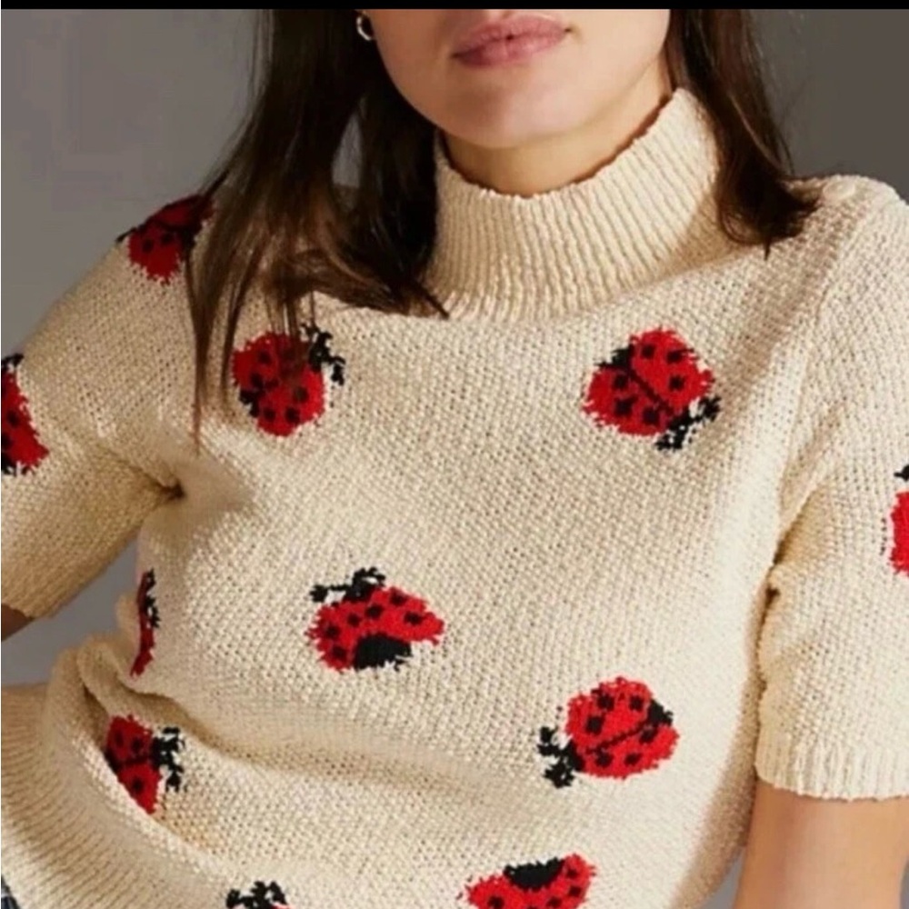 Anthropologie Cream Sweater with Red Ladybug Design NWT